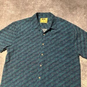Vintage Retro Short Sleeve Button Up Shirt Men's XL Teal Blue Wave Pattern